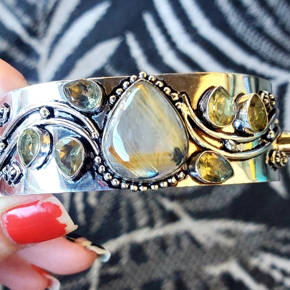 New Golden Rutile and Citrine 925 Silver Cuff Bracelet. - Picture 14 of 16